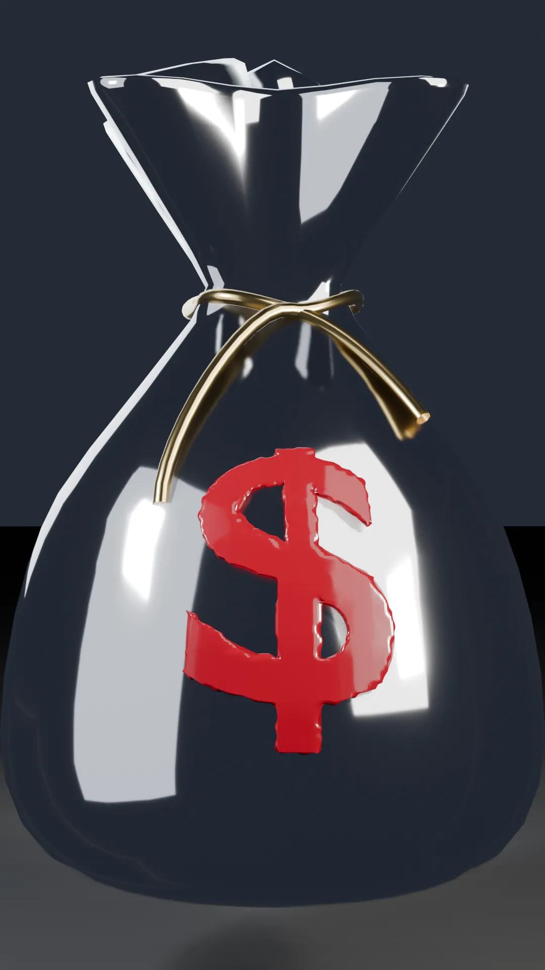 A chrome money-sack sculpture with a blood-red dollar sign.