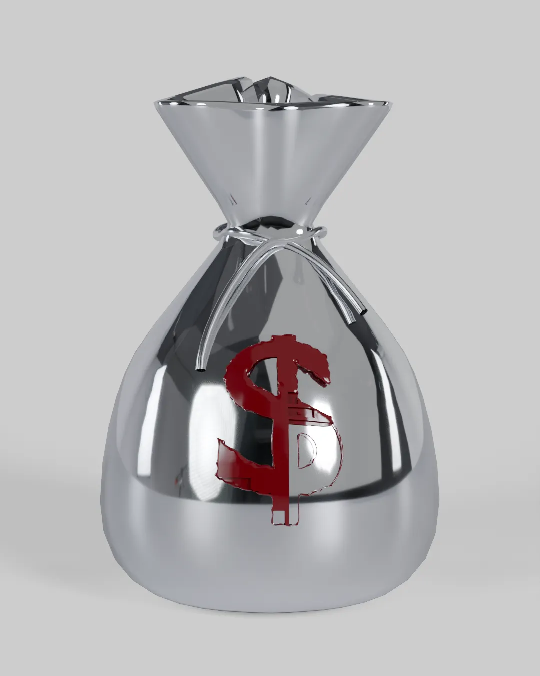 A chrome money-sack sculpture with a blood-red dollar sign.