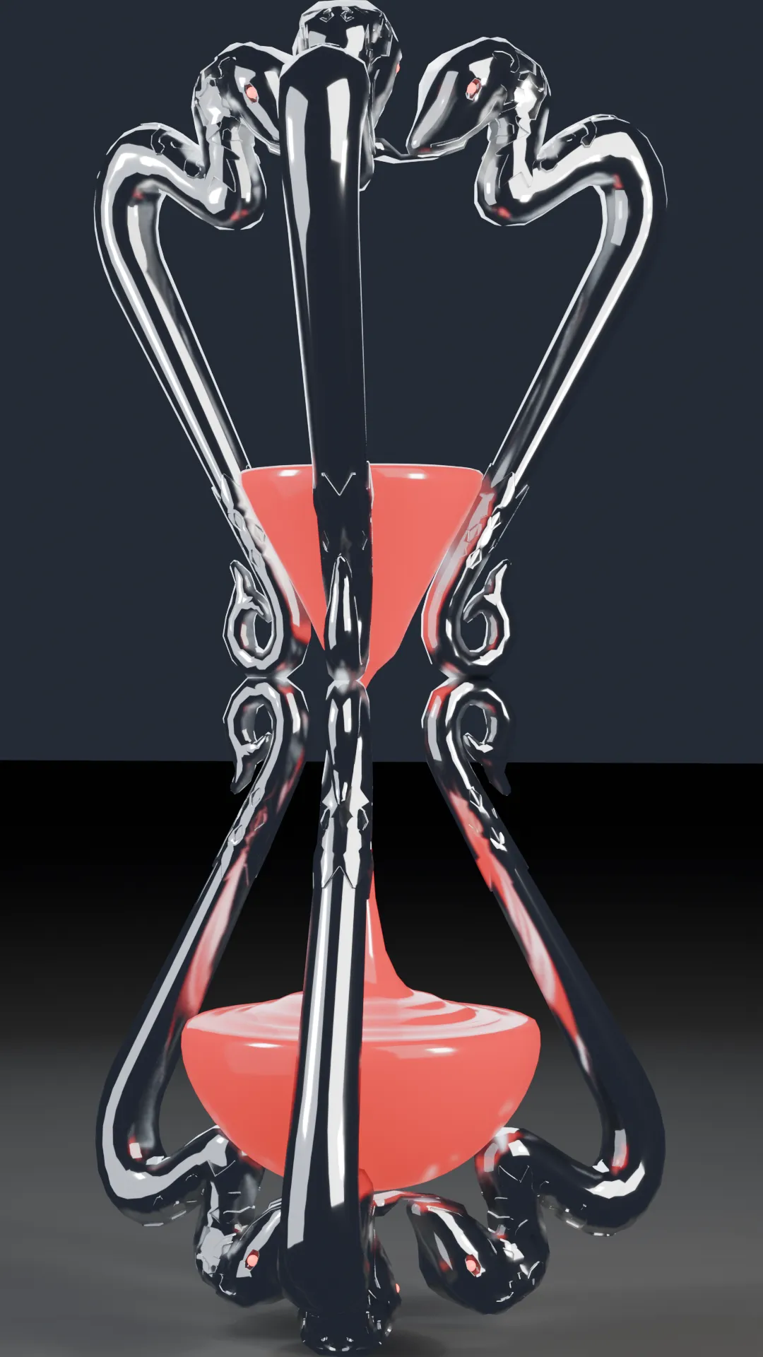 A chrome serpent coiled around an hourglass with glowing red sand.