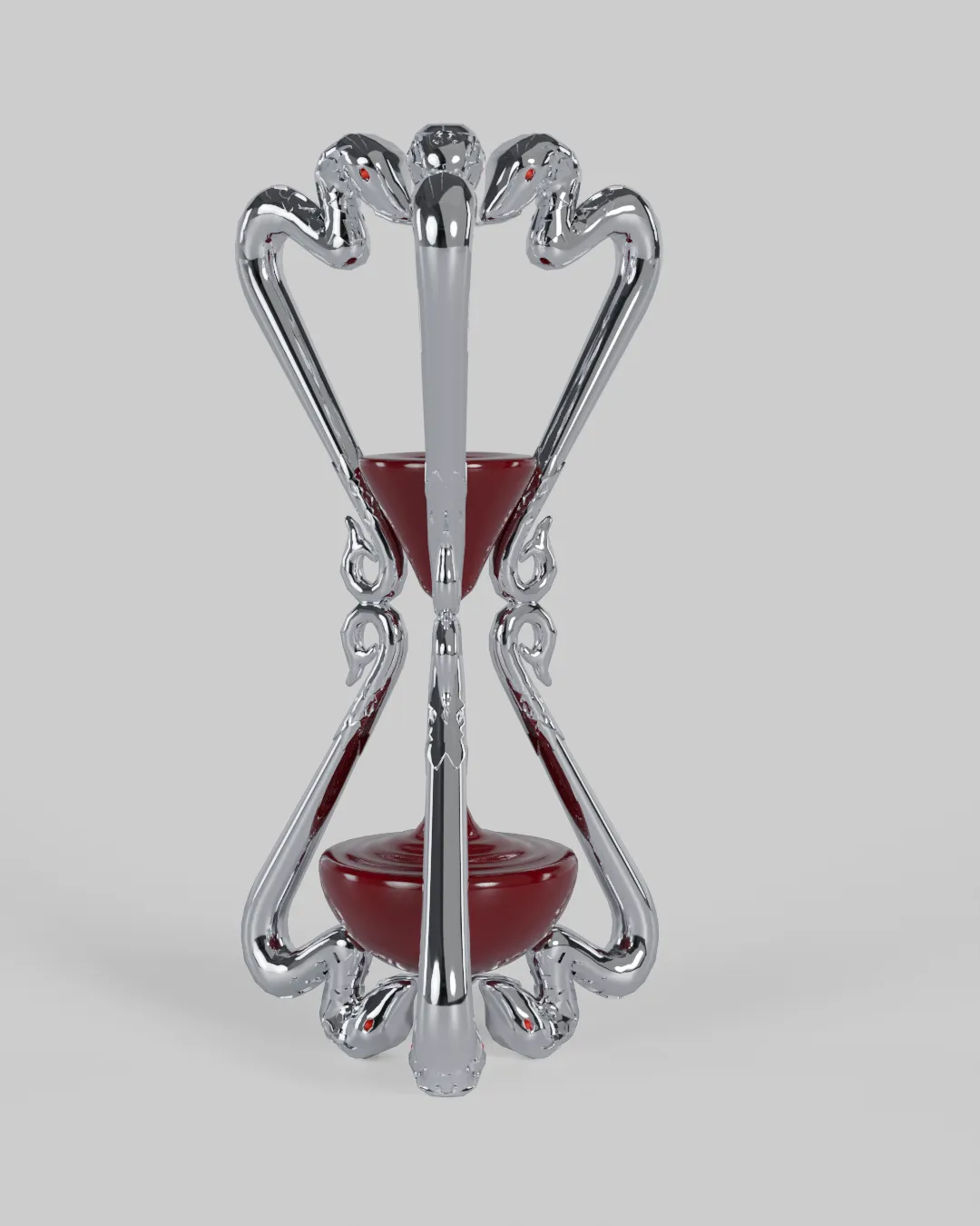 A chrome serpent coiled around an hourglass with glowing red sand.