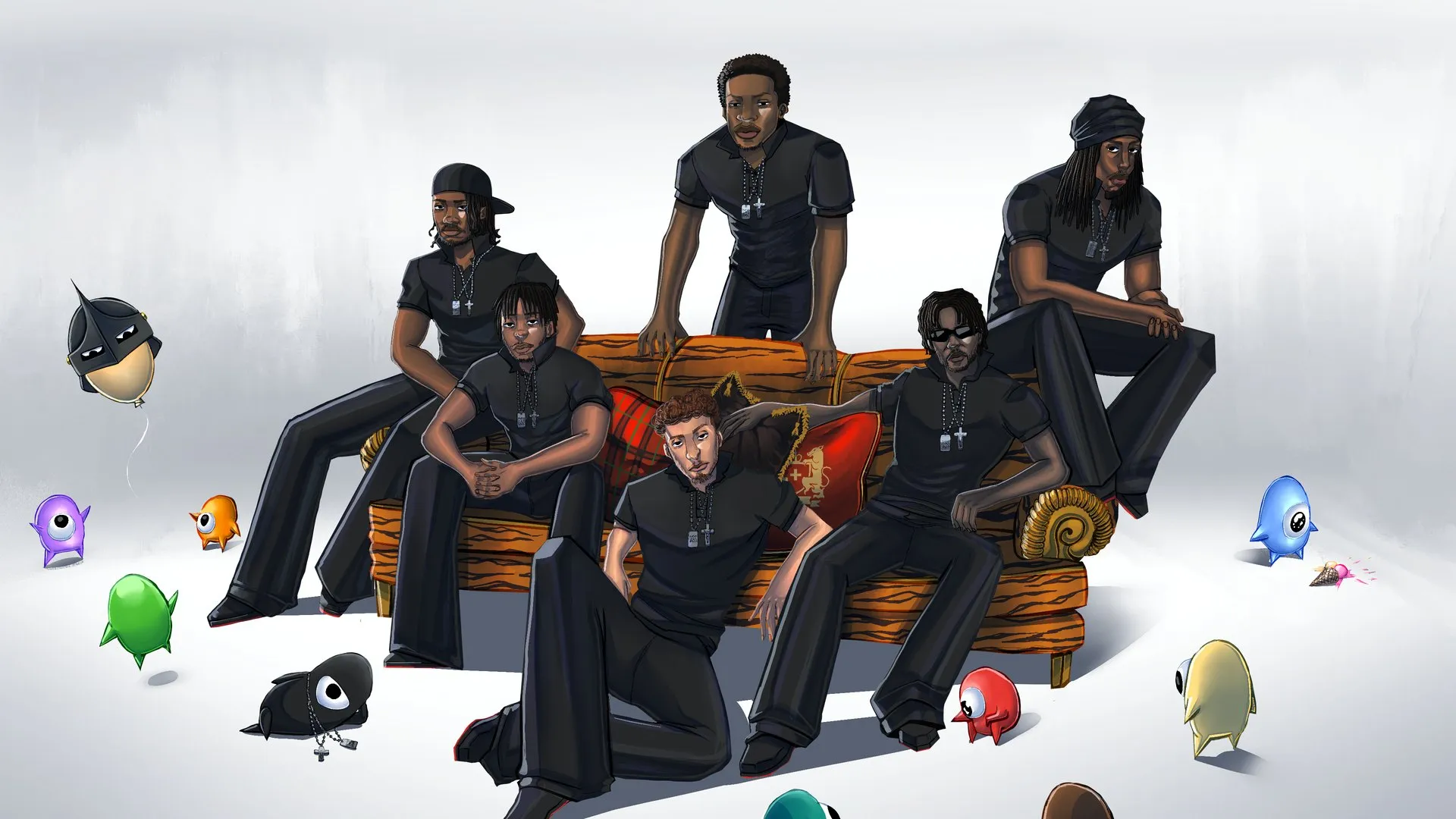 Six figures dressed in black on an orange couch, each in a different pose, every one wearing a chain from Collection 001, against a pale studio background. Small creatures stand around them.