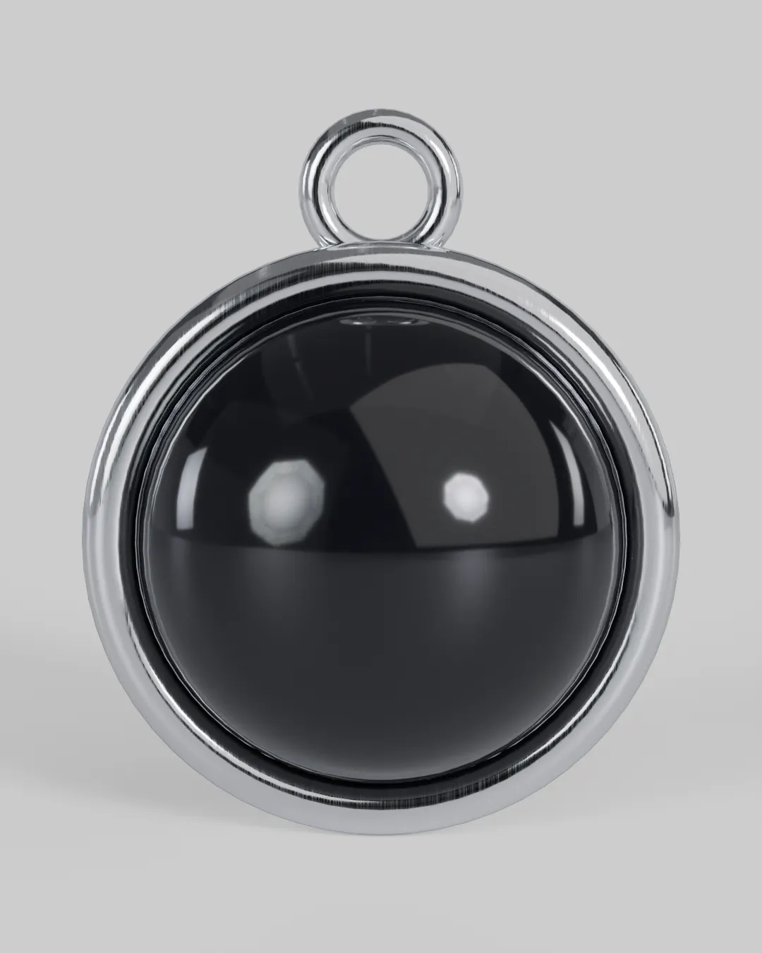 A chrome CCTV surveillance camera rendered as a pendant-scale sculpture.