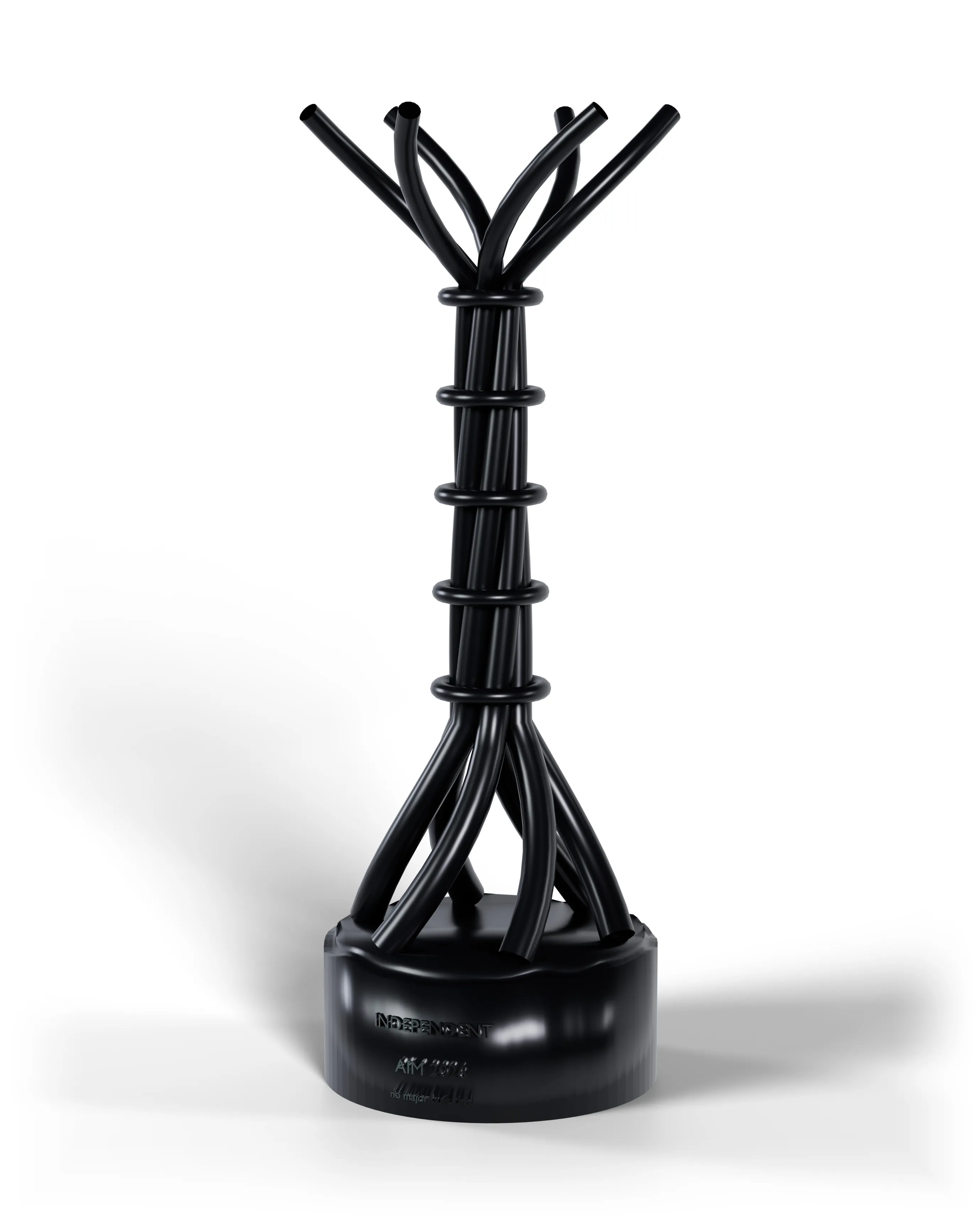 A satin black award. Bound tubes rise from a round base and split open at the crown.