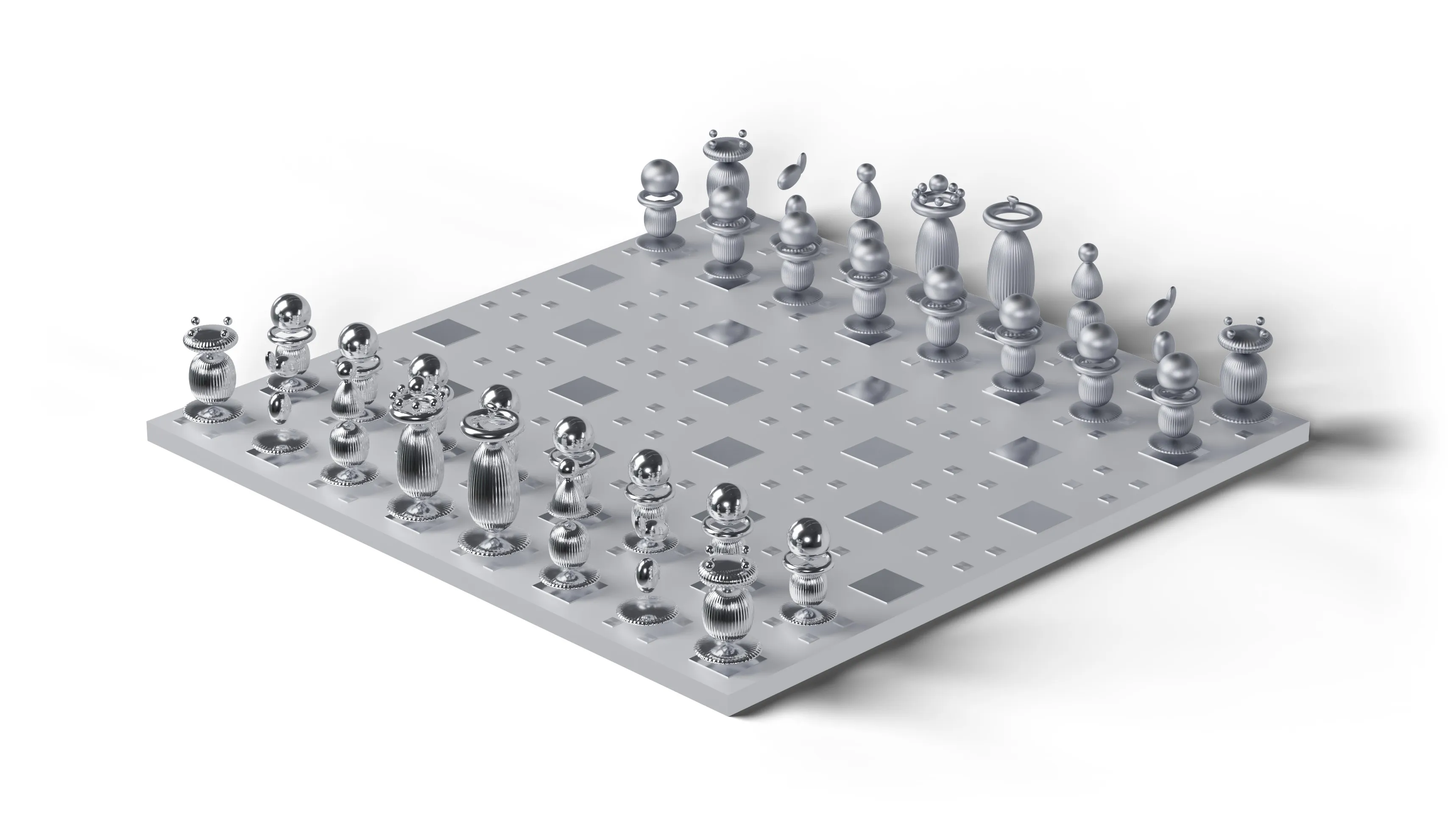 A steel chess set laid out on its board, on a white ground.