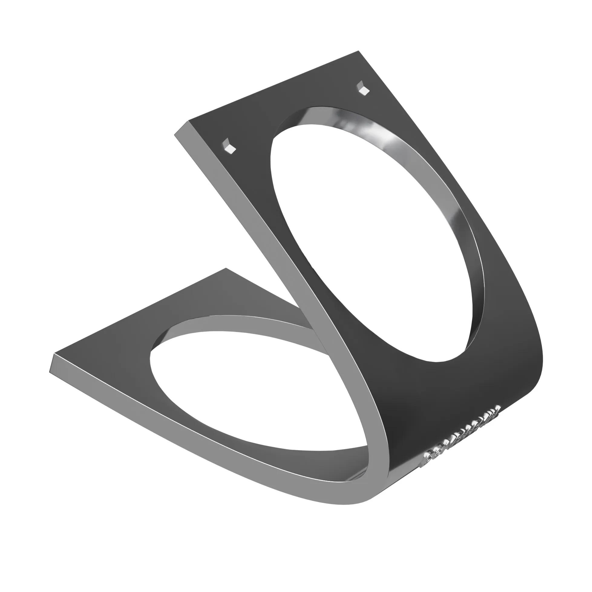 A chrome ring folded from one band: two flat plates, each with a round cut-out, joined by a curved bend with the name along it.