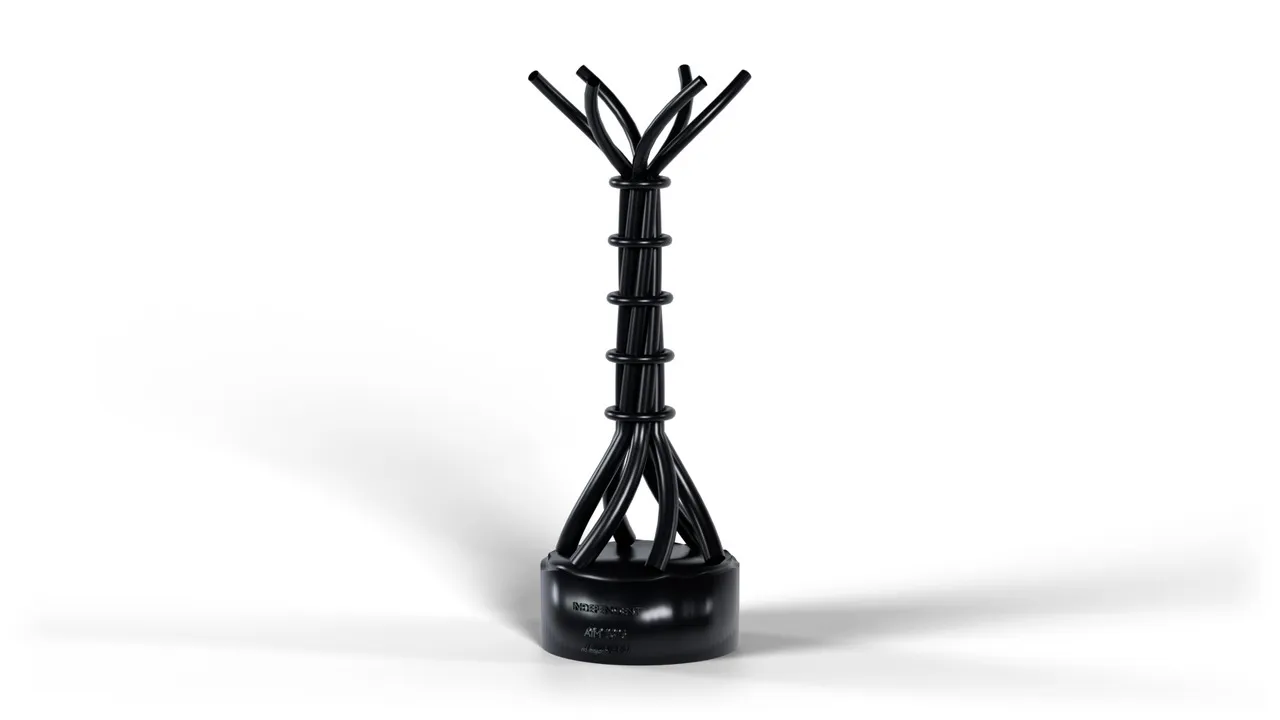 A satin black award, bound tubes rising from a round base.
