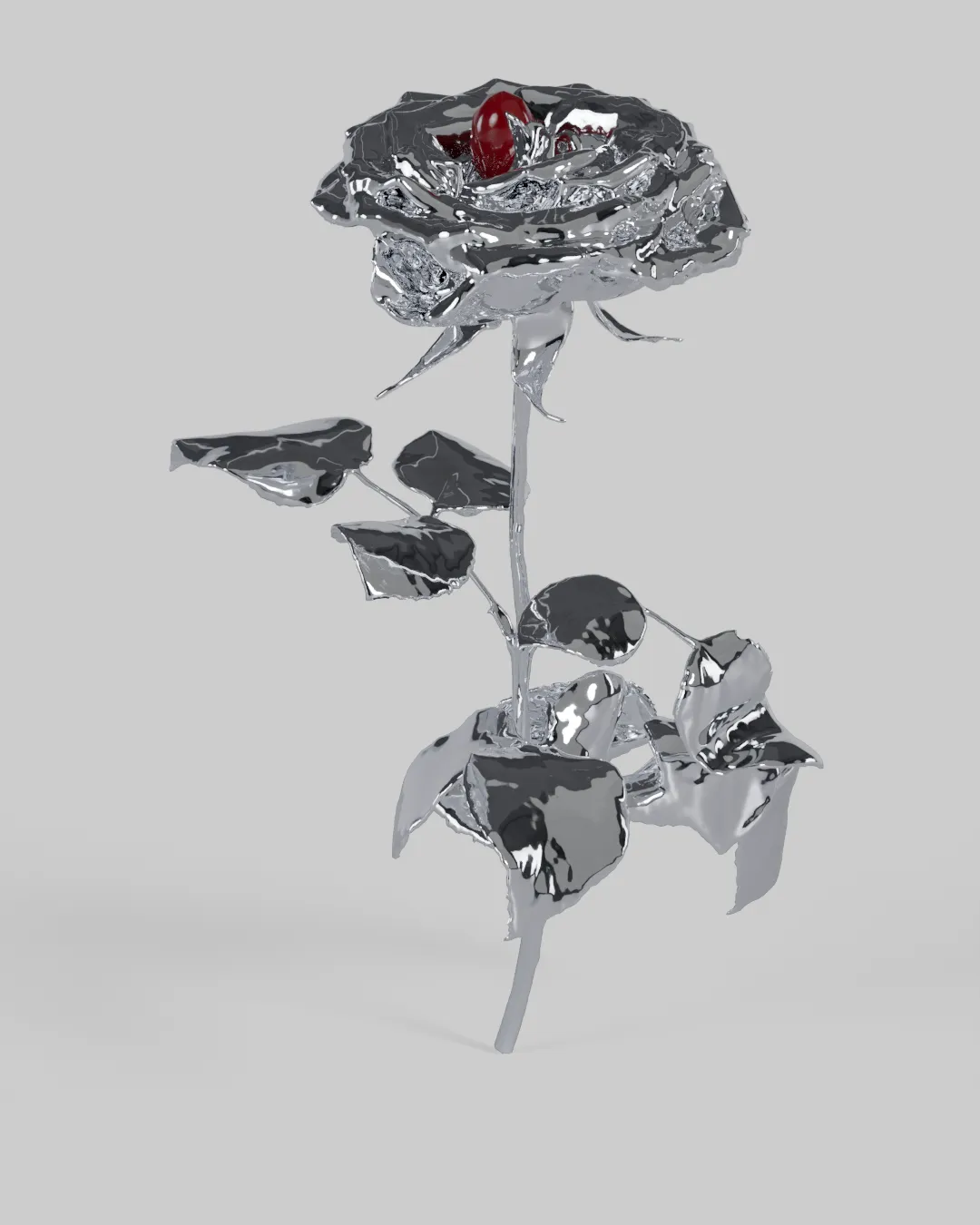 A chrome long-stem rose with a single blood-red drop at the bloom.