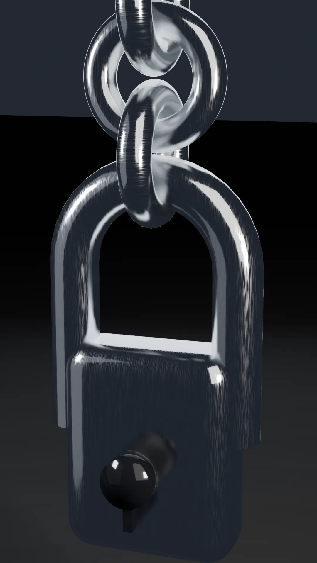A heavy chrome padlock hanging on a thick chain.