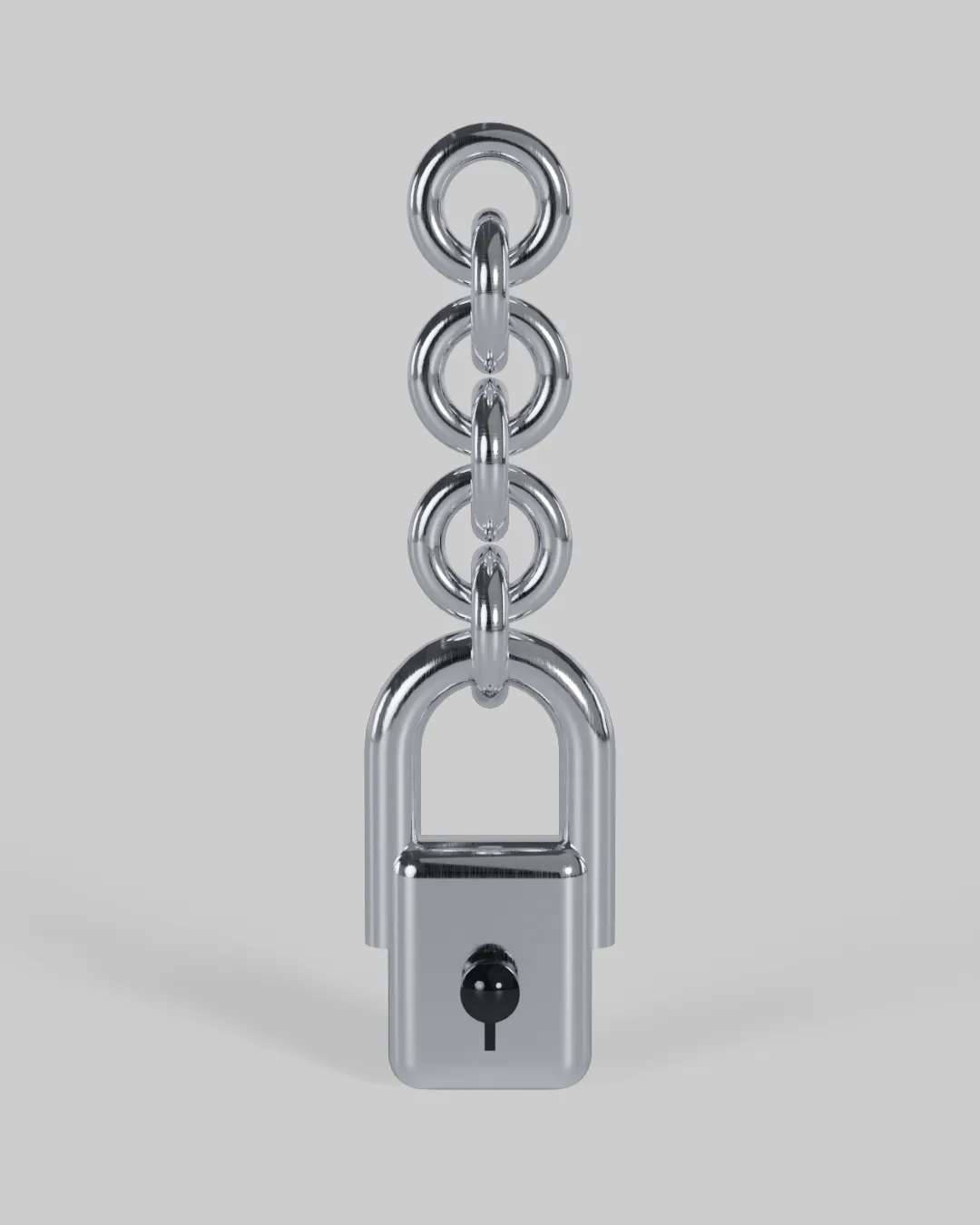 A heavy chrome padlock hanging on a thick chain.