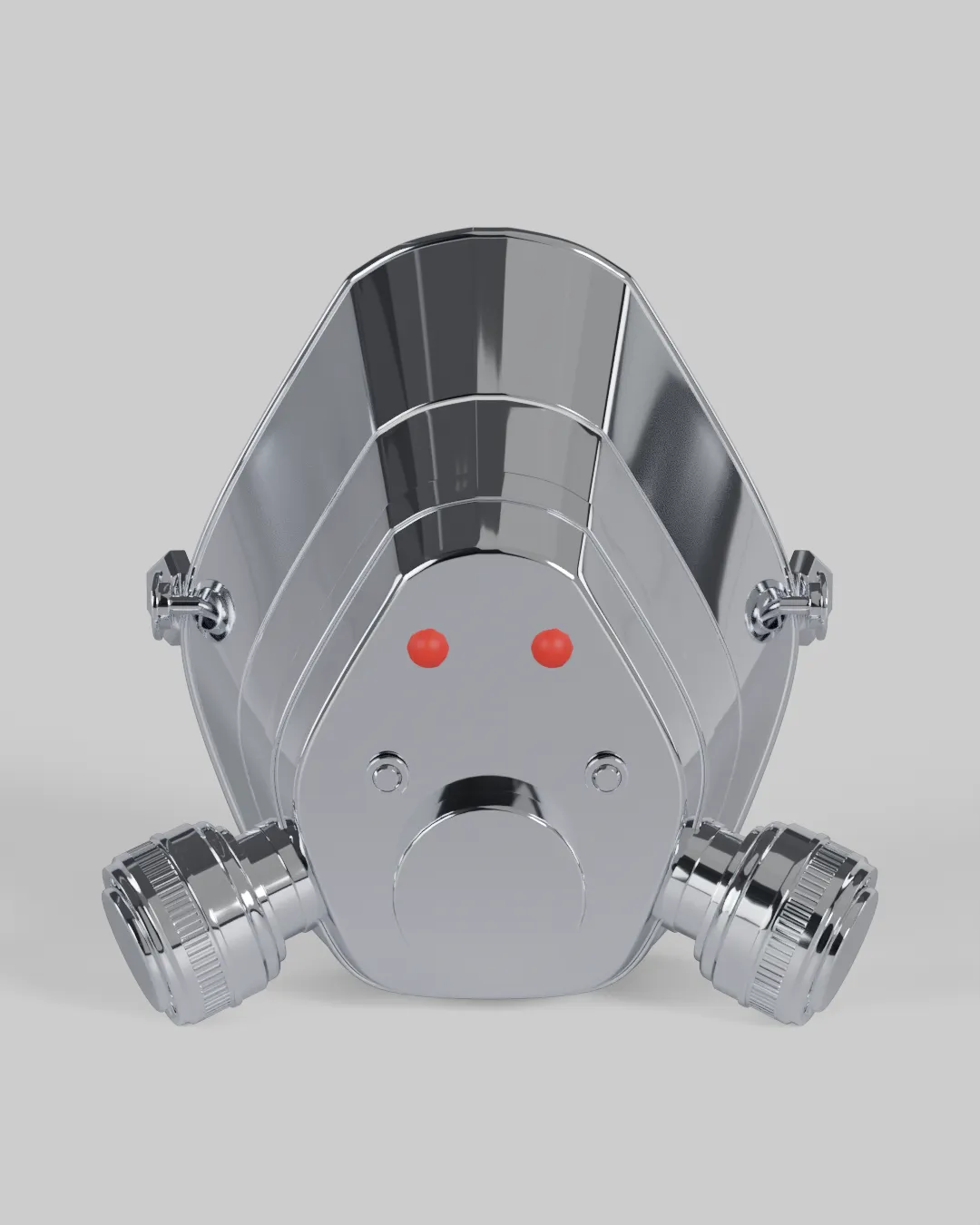 A chrome twin-filter respirator mask with two red indicator lights.