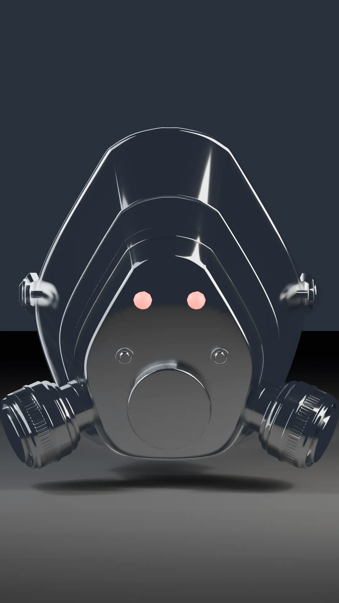 A chrome twin-filter respirator mask with two red indicator lights.