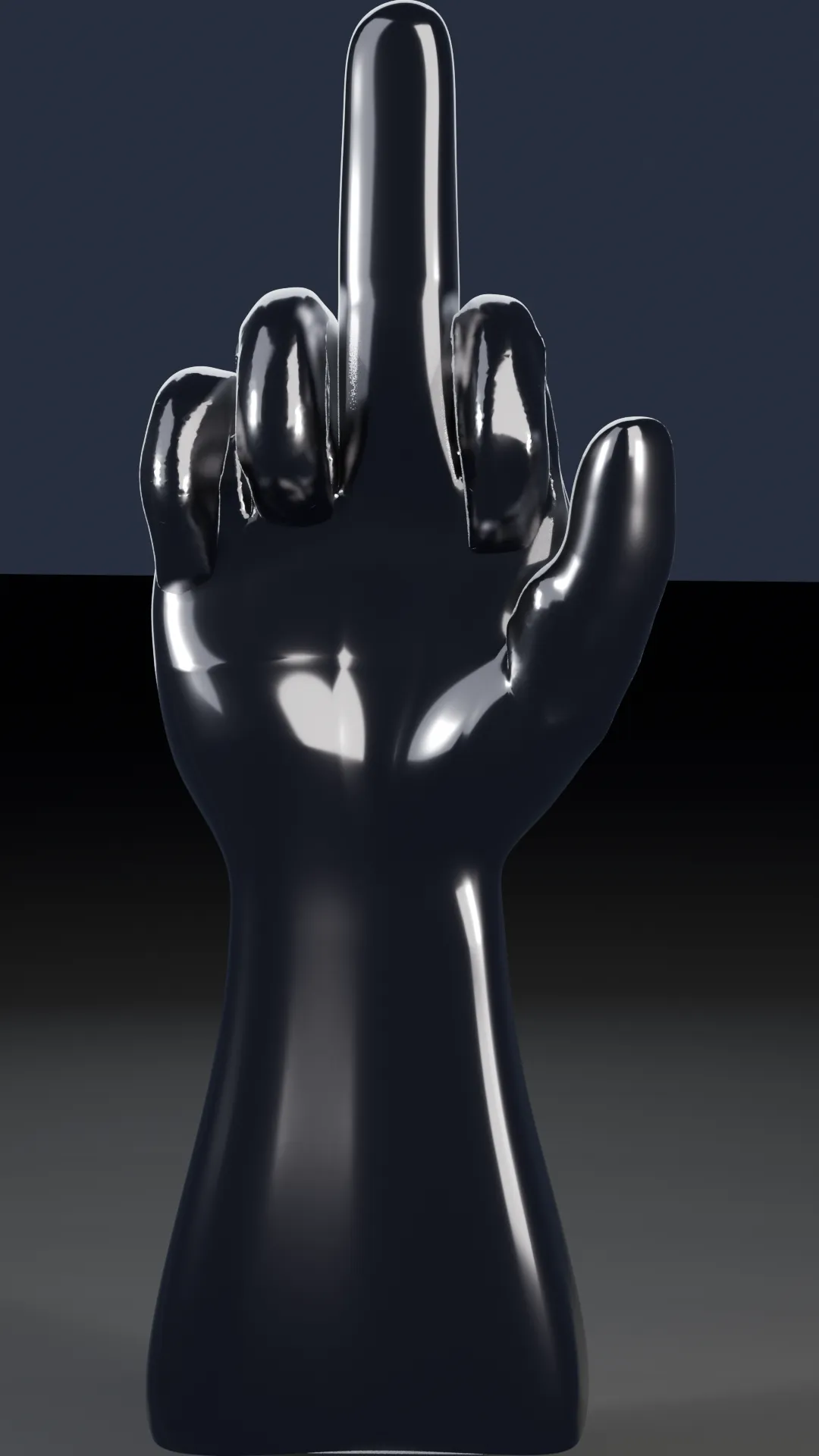 A heavy gunmetal-chrome hand with a single finger raised.