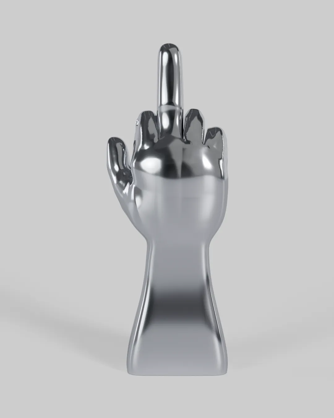 A heavy gunmetal-chrome hand with a single finger raised.