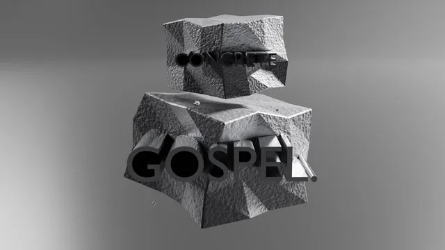 Chrome sculpture on a concrete ground. Concrete Gospel.