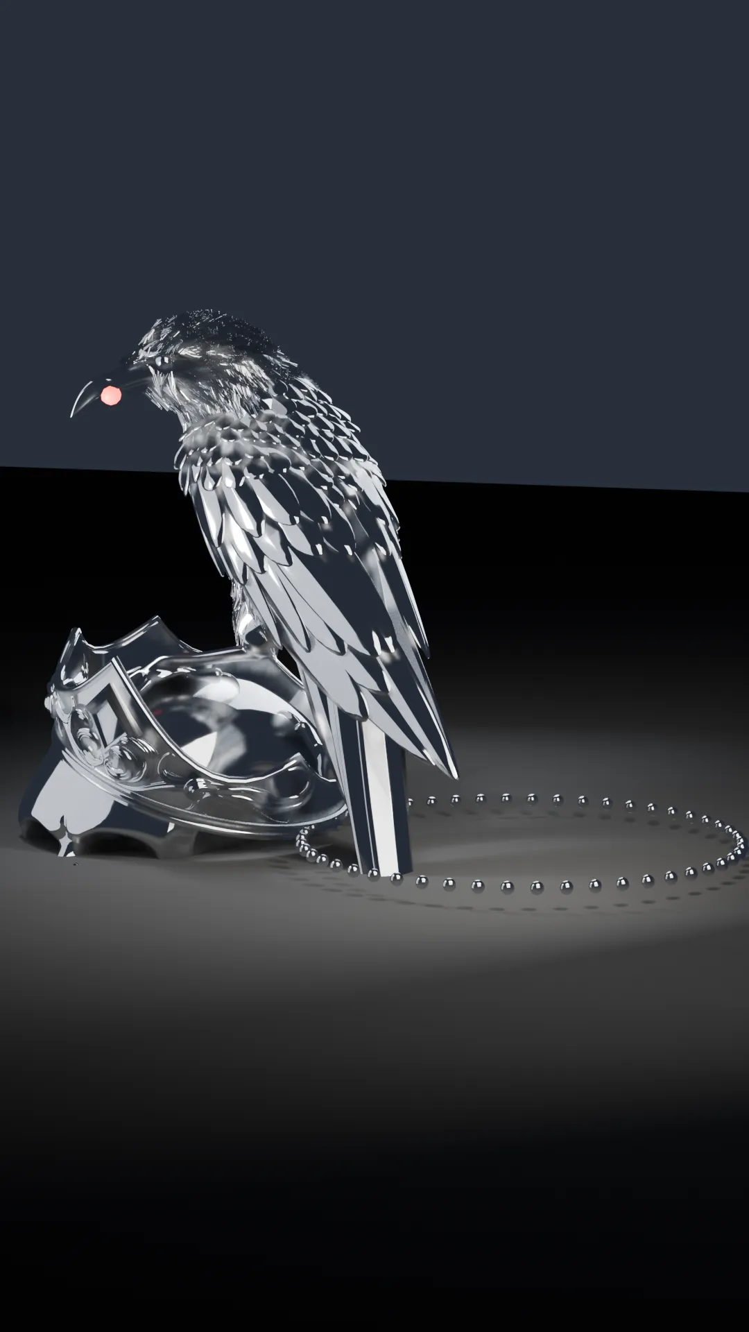 A chrome raven perched on an empty chrome crown.