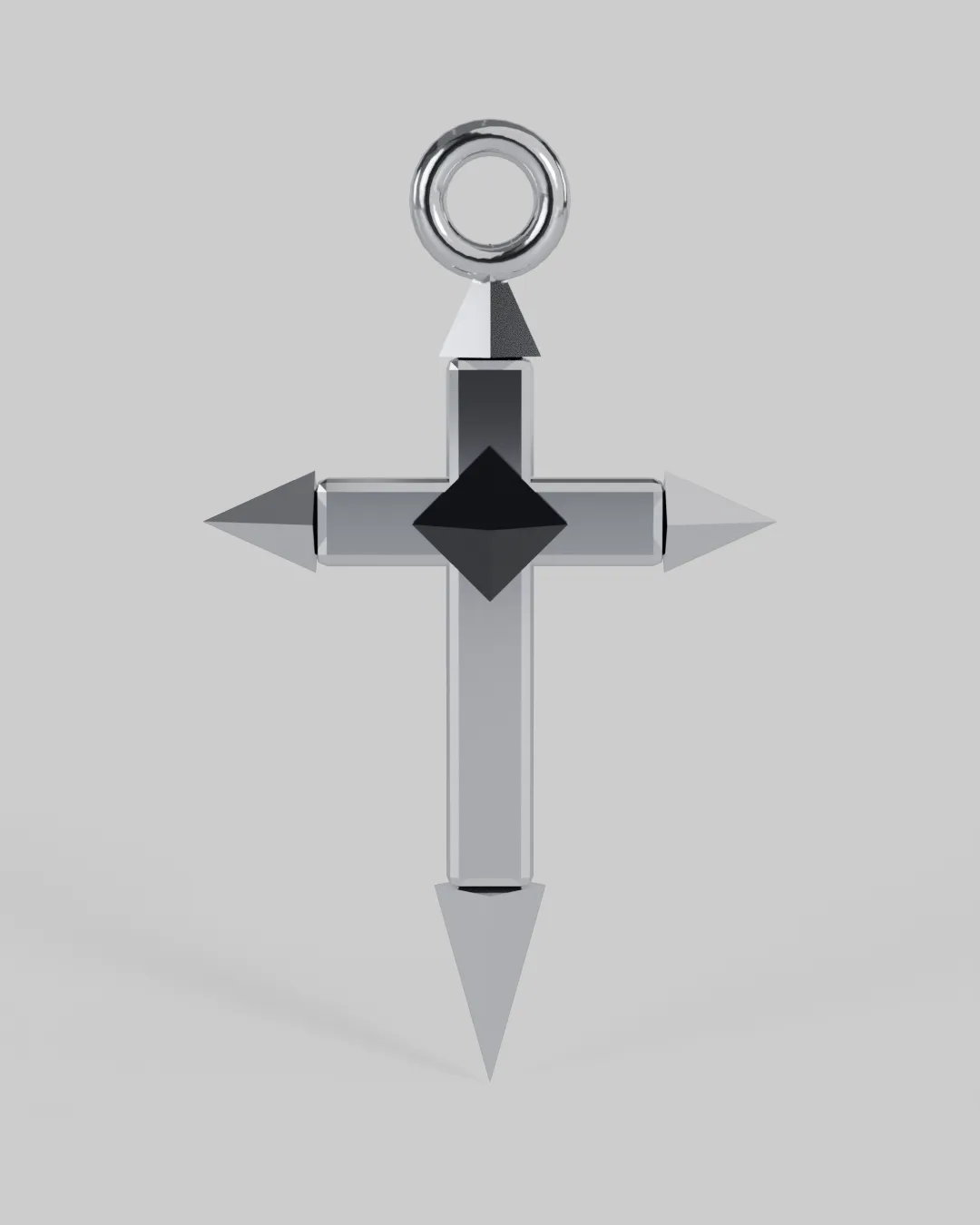 A blackened gothic dagger-cross with an onyx octahedral core.