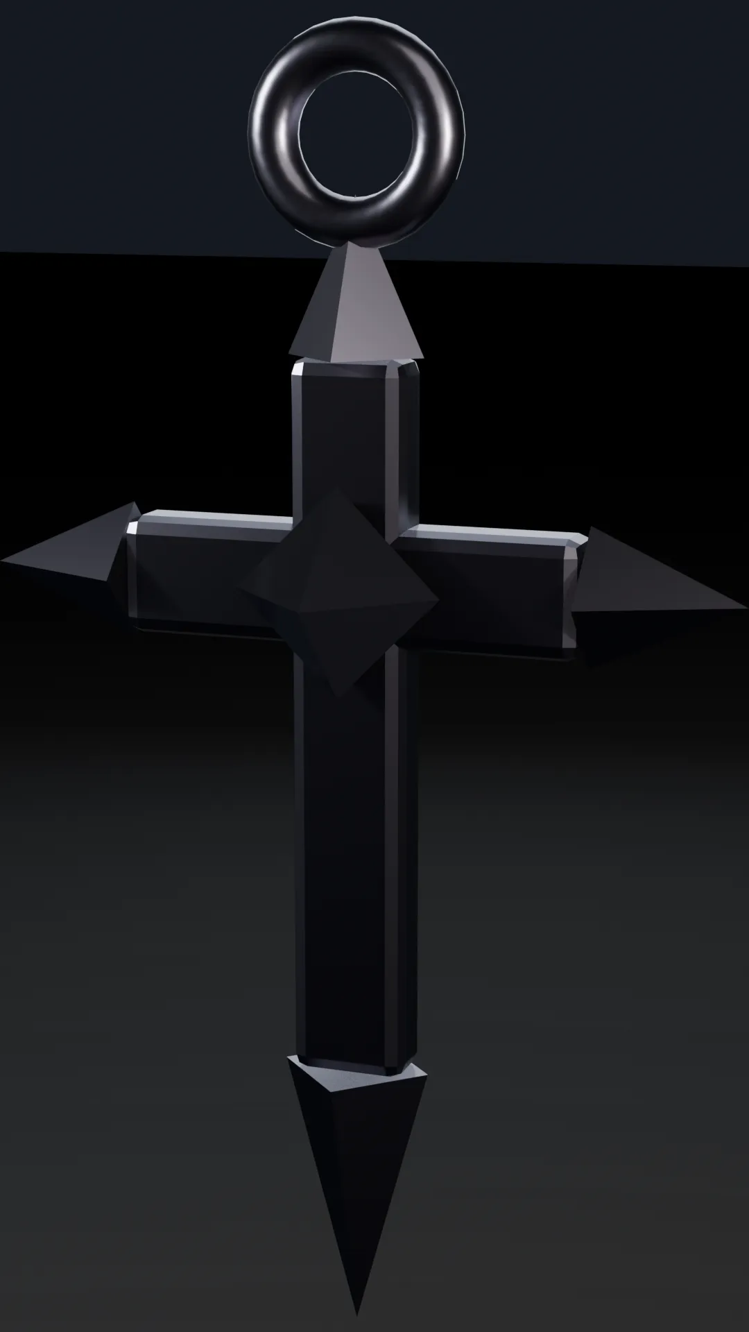 A blackened gothic dagger-cross with an onyx octahedral core.