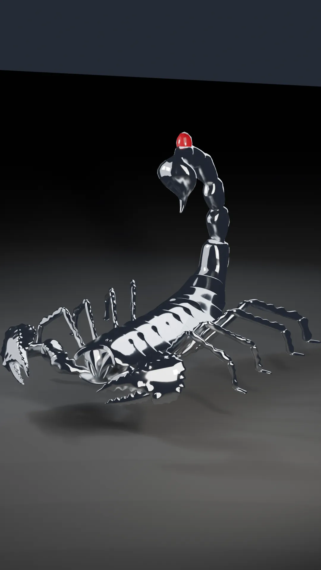 A chrome scorpion with claws forward and a blood-red venom drop at the stinger.