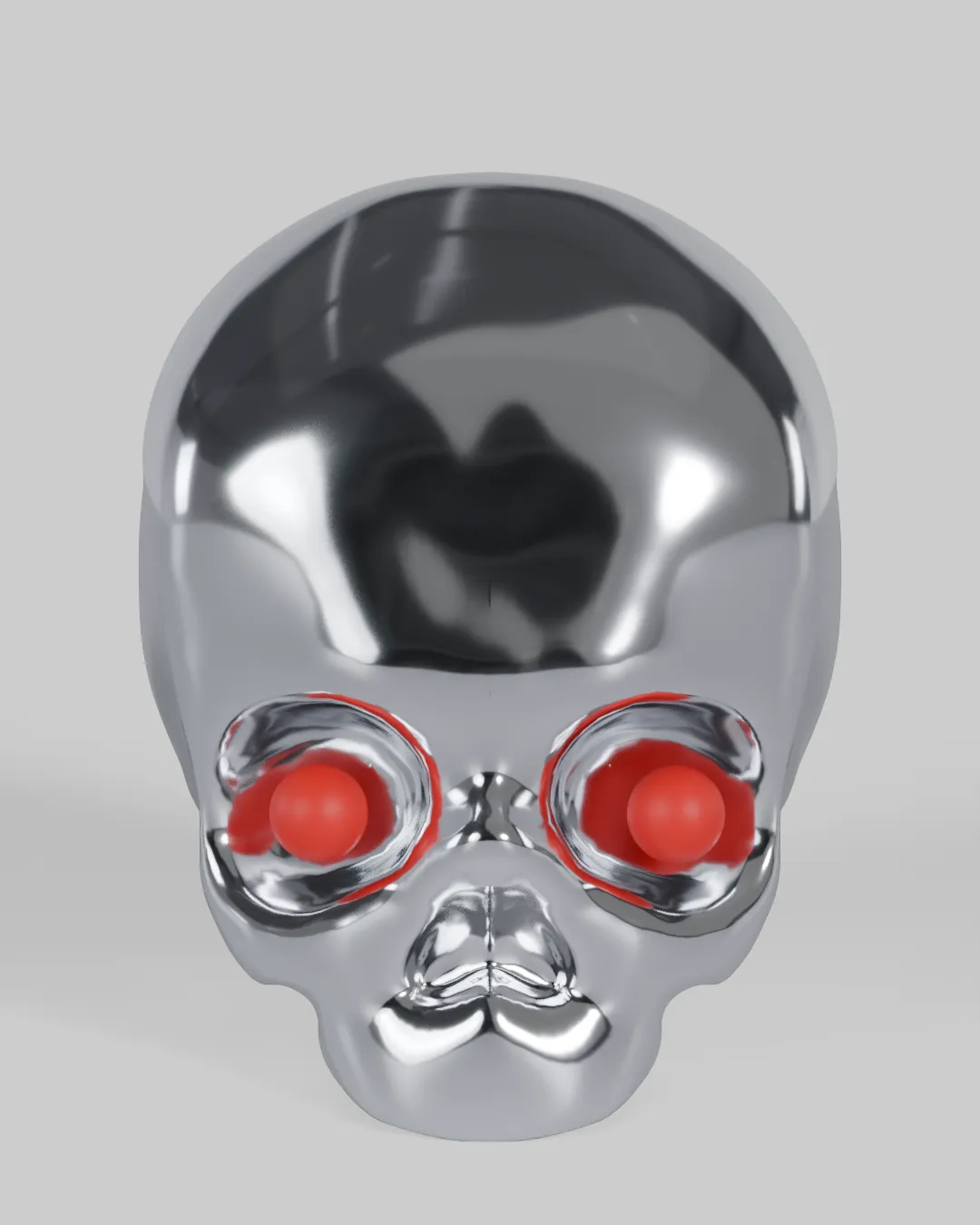 A polished chrome human skull with glowing red eyes.