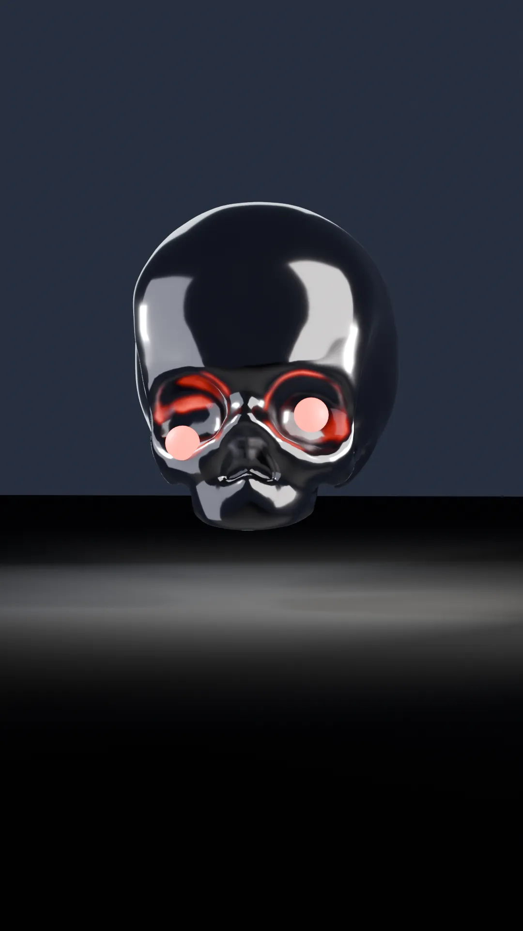 A polished chrome human skull with glowing red eyes.