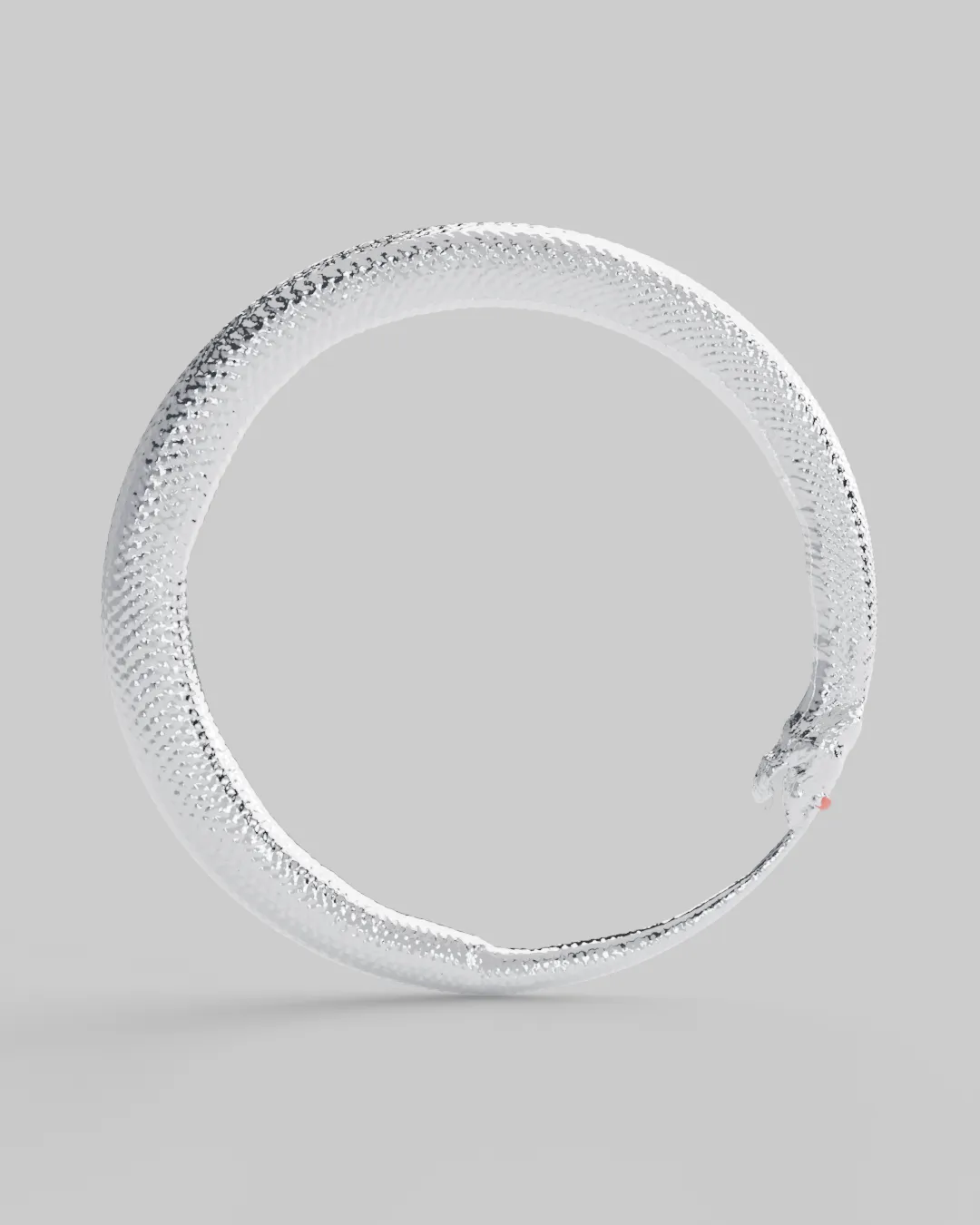 A chrome serpent devouring its own tail, red eyes lit.