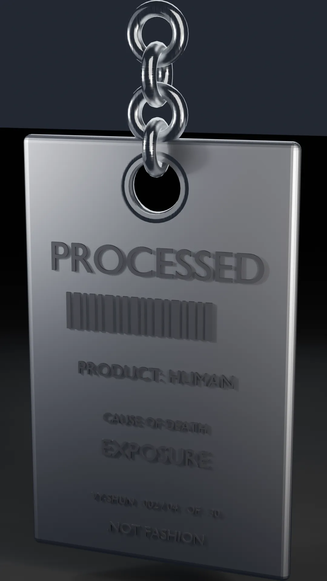 A brushed-steel morgue toe-tag with a barcode, engraved PRODUCT: HUMAN.