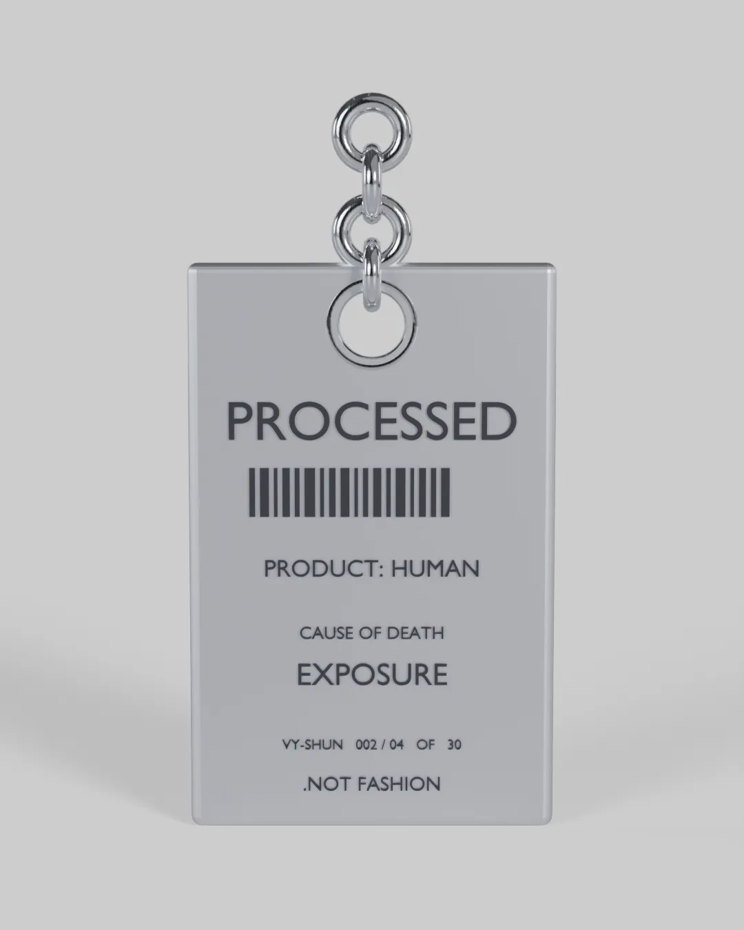 A brushed-steel morgue toe-tag with a barcode, engraved PRODUCT: HUMAN.
