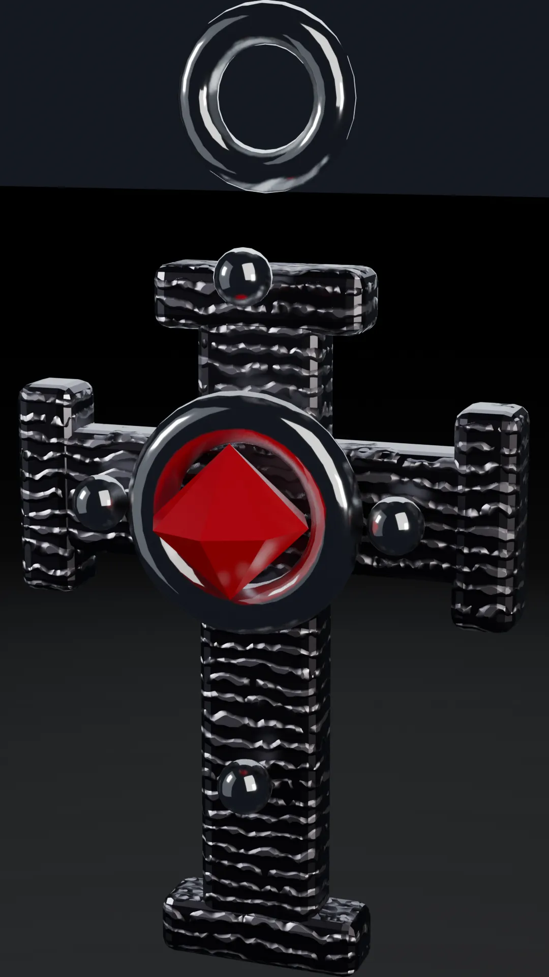 An intricately engraved chrome cross with a bezel-set ruby at the crossing.