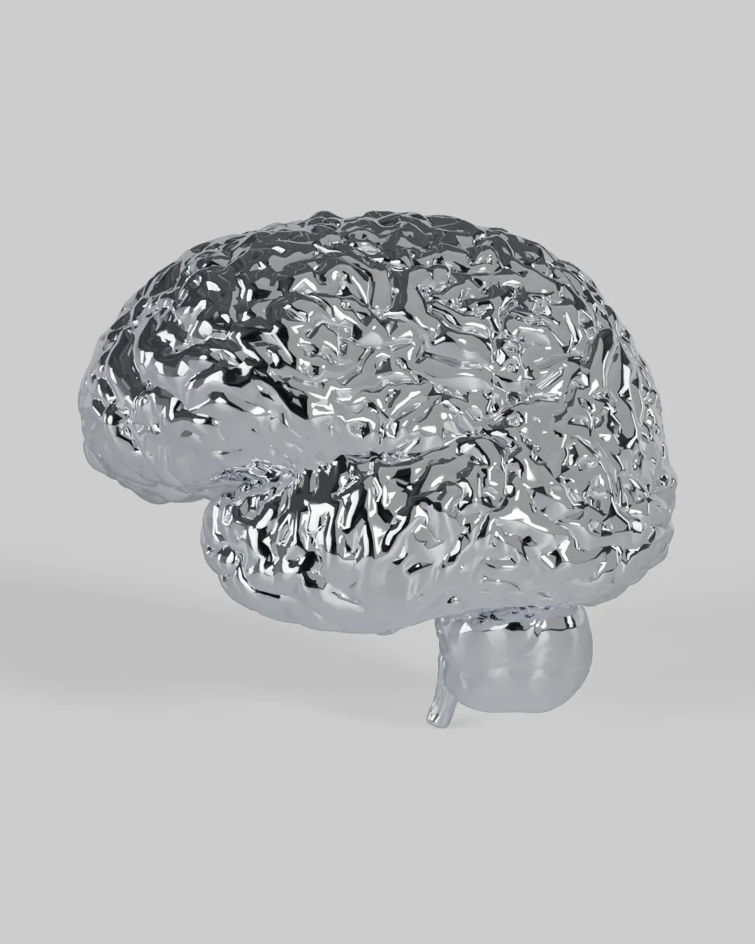A chrome human brain rendered as a sculpture, lateral profile.