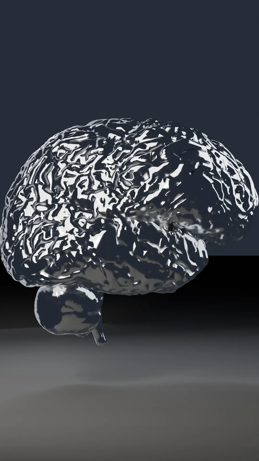 A chrome human brain rendered as a sculpture, lateral profile.