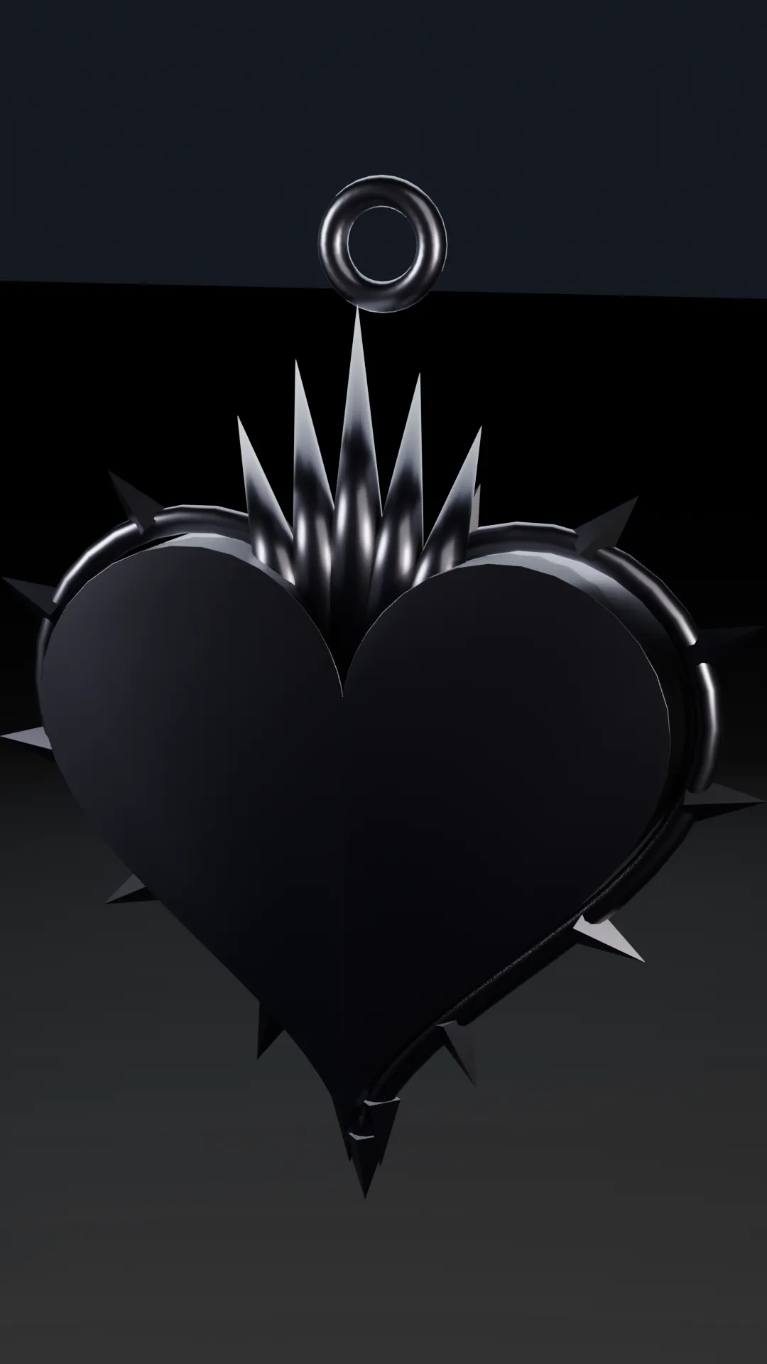 A thorned, flaming chrome heart in chrome and dark metal.