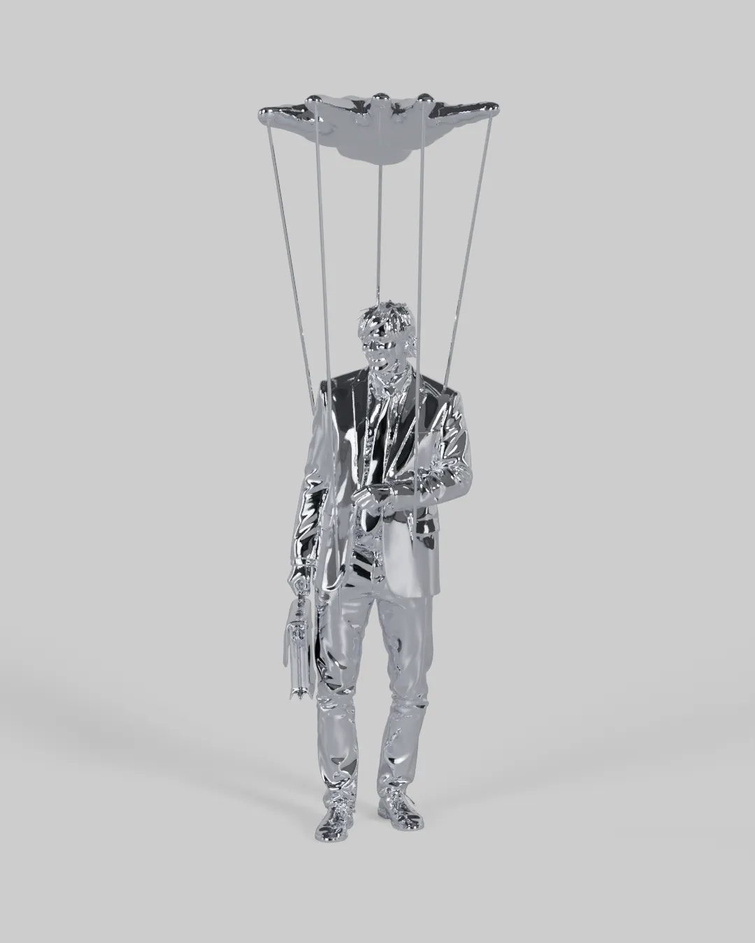 A chrome suited figure on strings beneath a giant chrome hand.