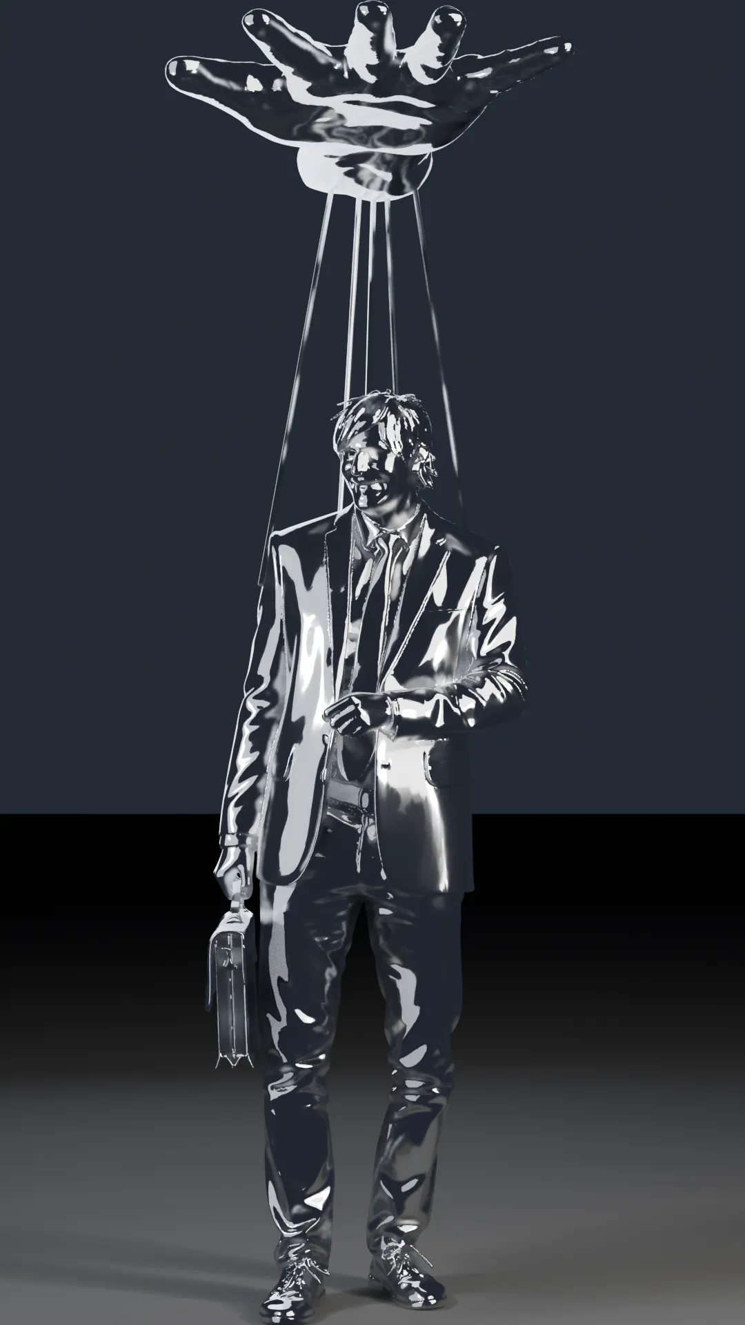 A chrome suited figure on strings beneath a giant chrome hand.