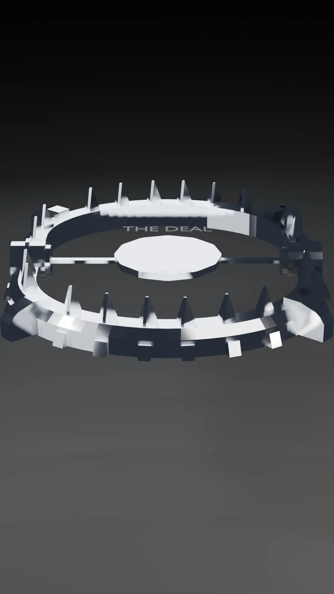 A chrome bear-trap sculpture, toothed ring open, engraved THE DEAL.