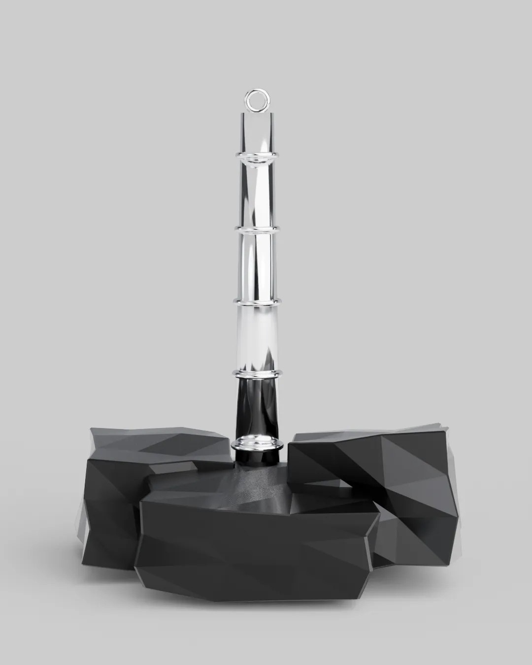 Polished chrome bamboo blade erupting through a cracked grey concrete slab.