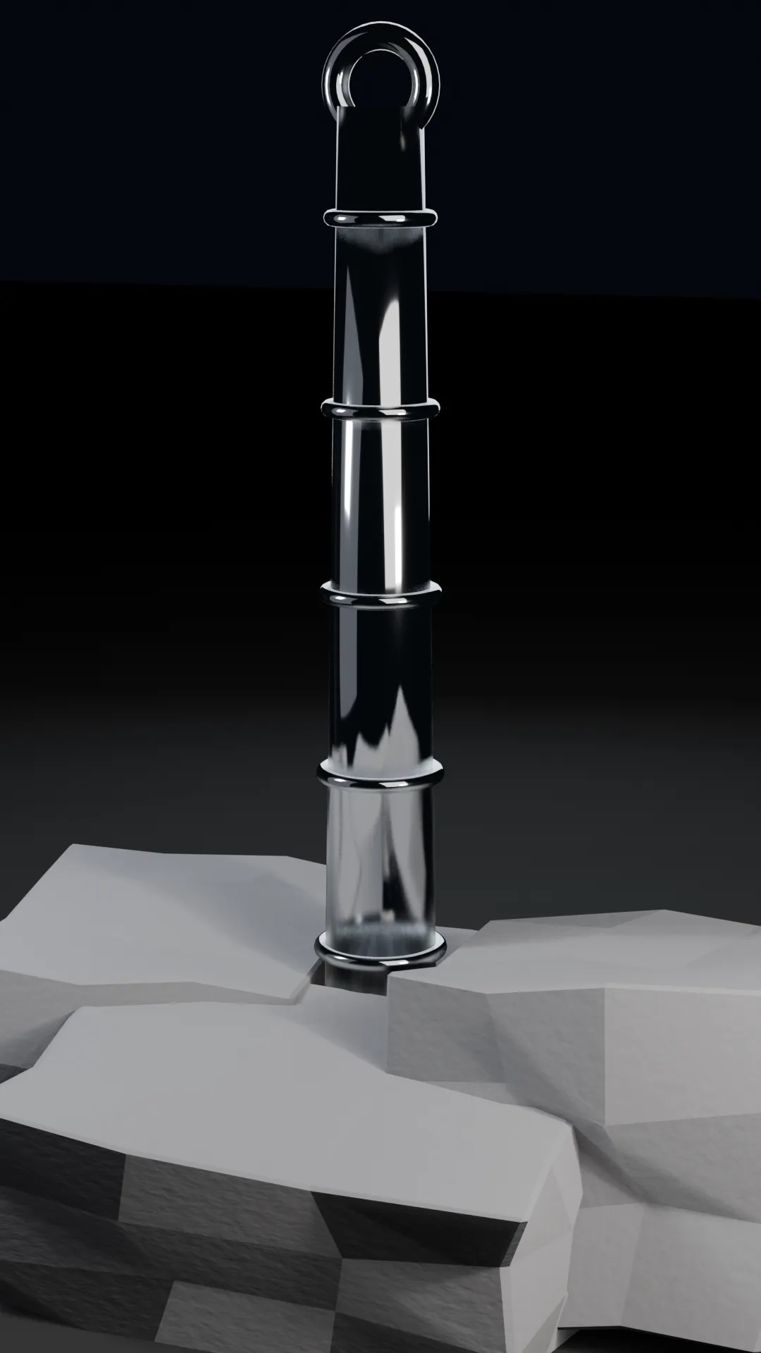 Polished chrome bamboo blade erupting through a cracked grey concrete slab.