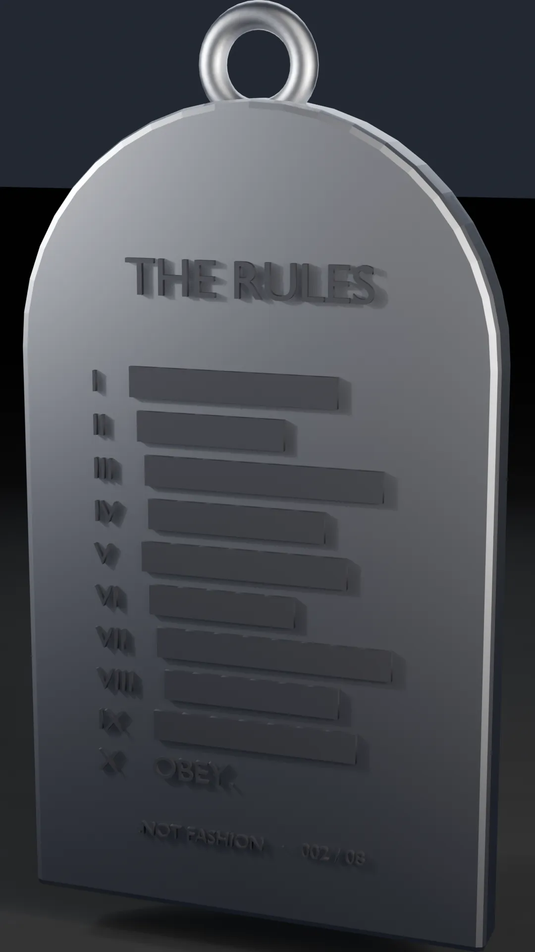 Brushed steel arched tablet pendant headed THE RULES, nine numbered laws blacked out, the tenth reading OBEY.