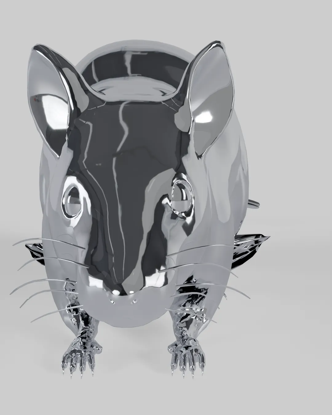A chrome rat facing forward.